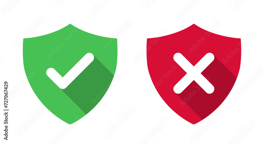 Fototapeta premium Shield with checkmark and x cross mark icon vector. Safety and danger sign symbol with long shadow