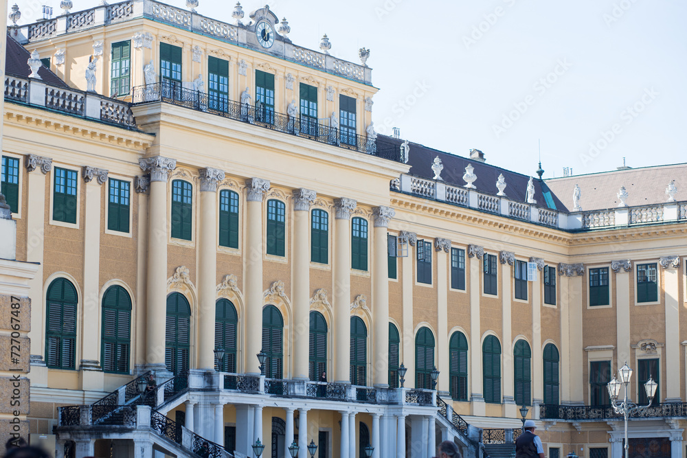 Stunning royal palace. Panorama of Schönbrunn Palace in Austria. Viennese architecture. The main attraction of Vienna. The royal palace of tsarist times. Historical place. Tourist centre.
