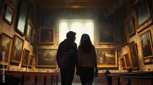 Two people standing in front of a stunning painting in a tranquil art gallery, feeling a deep connection as they discover beauty in both art and each other.