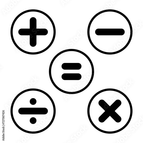 Calculator key icon vector on circle line. Addition, subtraction, division, multiplication, and equality symbol