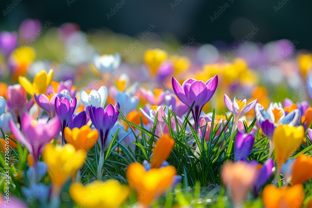 A spring meadow filled with colorful crocuses, A beautifully vibrant of  lush grass field in spring.
