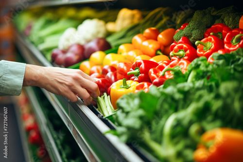 Person makes purchases in a supermarket in the fruit and vegetable department