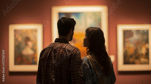 A captivating moment unfolds in a serene art gallery as two individuals bond over their mutual appreciation for a mesmerizing painting, sparking a newfound admiration for each other's beauty