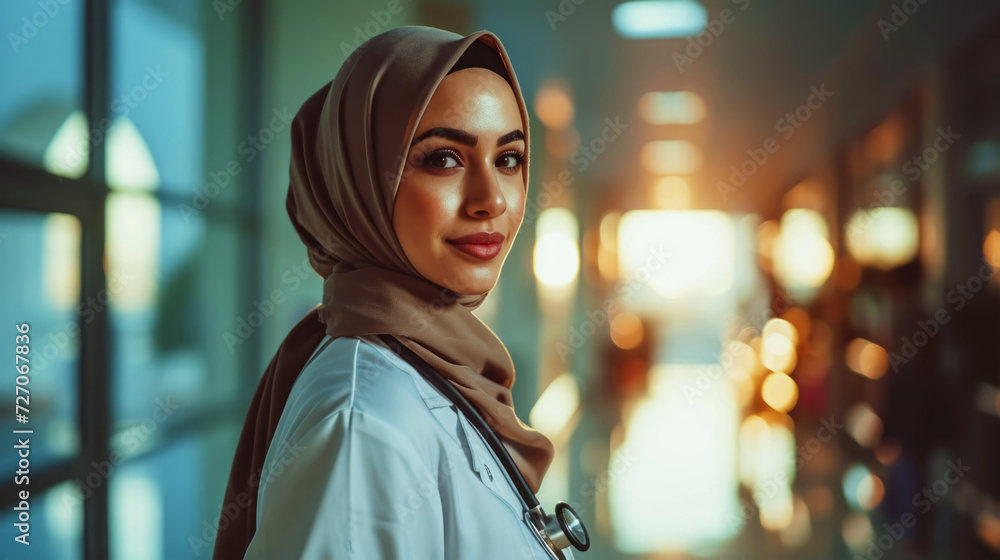Portrait of smiling young Muslim female doctor with copy space. Healthcare concept. Generative AI