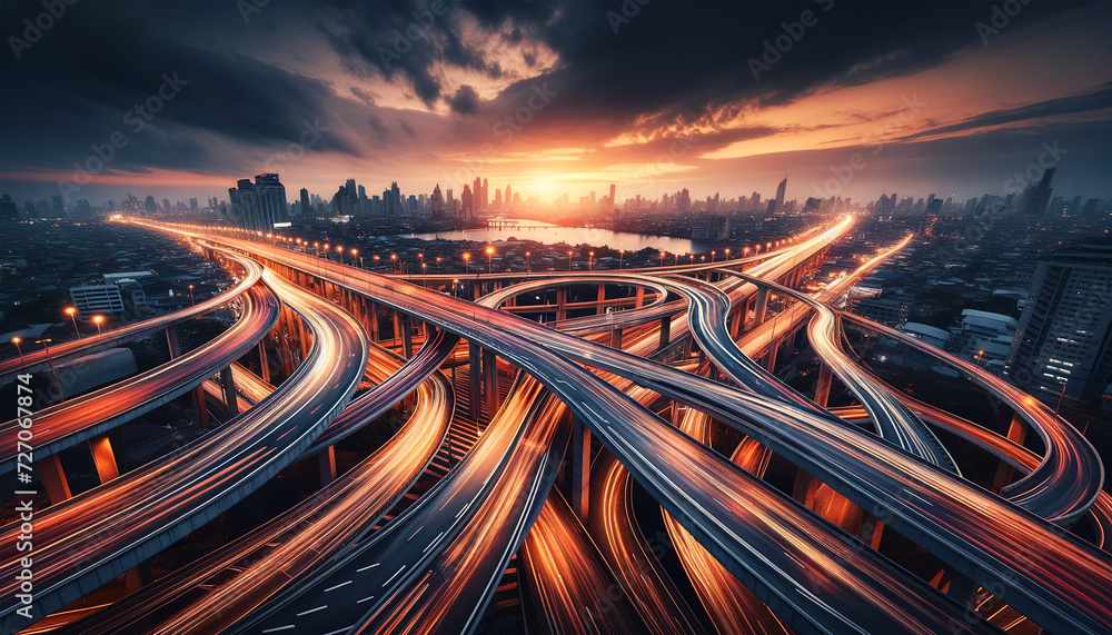 Epic aerial view of a complex highway system with light trails at twilight, showcasing the dynamic flow of traffic in a bustling metropolitan landscape. Urban traffic concept. AI generated. - obrazy, fototapety, plakaty 