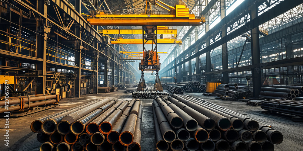 A gantry crane loads bundles of steel pipes at a metallurgical plant. A gantry crane loads bundles of steel pipes at a metallurgical plant.