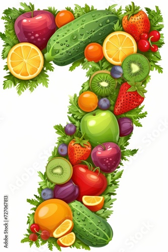 Colorful number 7 made of vibrant fruits and vegetables on a clean white background