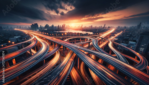 Epic aerial view of a complex highway system with light trails at twilight, showcasing the dynamic flow of traffic in a bustling metropolitan landscape. Urban traffic concept. AI generated. photo