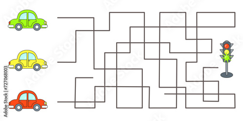Maze educational game. Which car will reach the traffic light. Cartoon vector illustration for children's entertainment. Activity book.