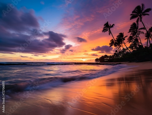 A serene and breathtaking scene at a beautiful beach in Hawaii, moments before the sun begins its descent below the horizon