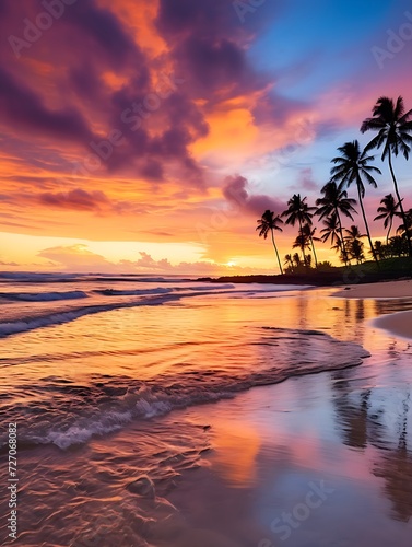 A serene and breathtaking scene at a beautiful beach in Hawaii  moments before the sun begins its descent below the horizon