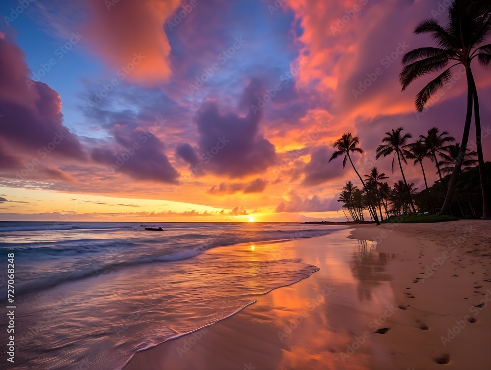 A serene and breathtaking scene at a beautiful beach in Hawaii, moments before the sun begins its descent below the horizon