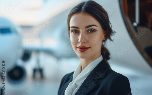 Portrait of professional hostess who welcomes passengers boarding an aircraft