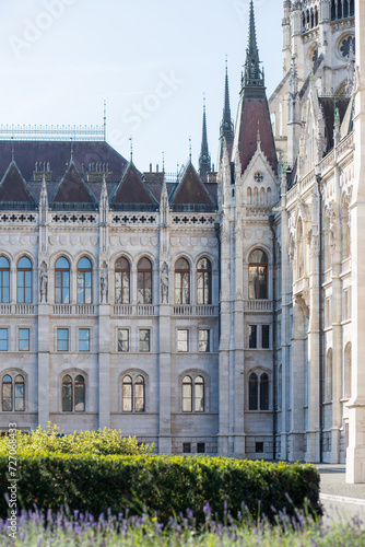 Corner of a building with an unusual stylish facade. Inner courtyard of the European Parliament in Budapest. Hungarian Parliament. Stylish Gothic building.