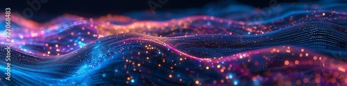 Big data analysis abstract background, depicting luminous data streams flowing seamlessly, resembling a river of light against a dark canvas, symbolizing continuous information flow.
