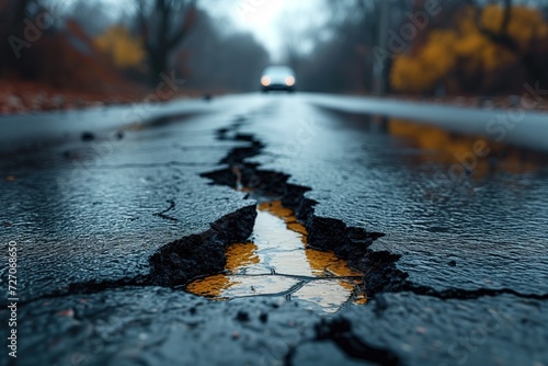 Road crack in the road and car moving on asphalt surface Generated by AI