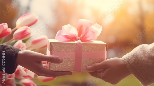 person holding gift box, gift box handed to a woman, spring gift, easter celebration, gift box and spring flowers, best selling