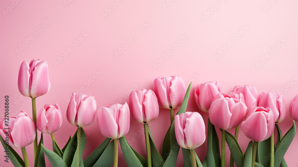 Fototapeta premium pink tulips on a pink background, flowers design, florat, spring flowers, pink tulips wallpaper, minimalism