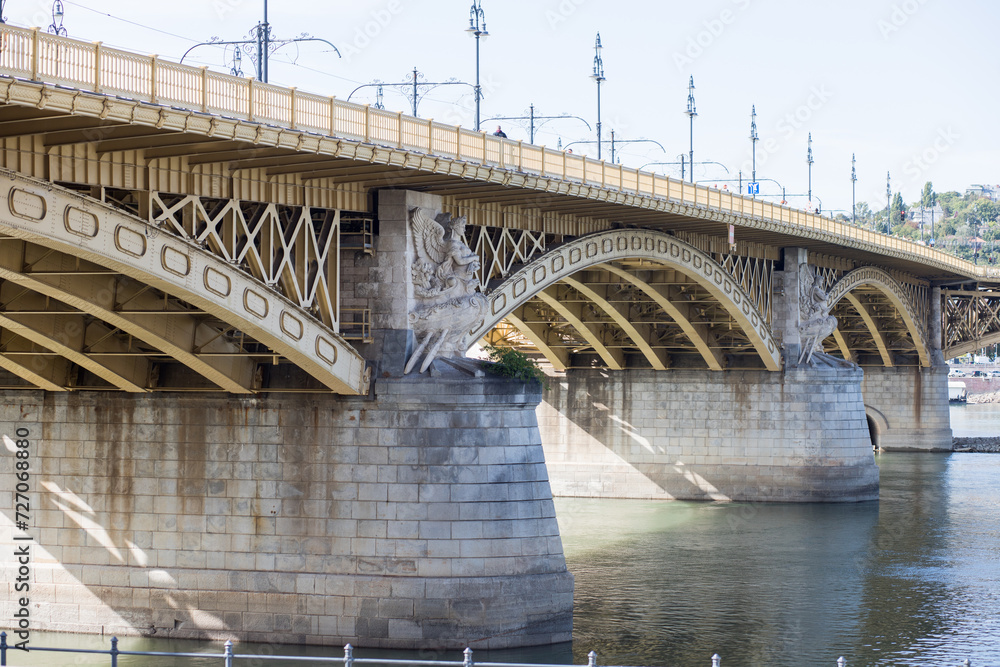 Bridge over the Danube. Railway bridge in Budapest. Sunny weather in Hungary. Beautiful bridge.