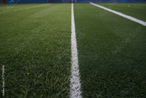 Green artificial grass turf soccer football field background with white line boundary.
