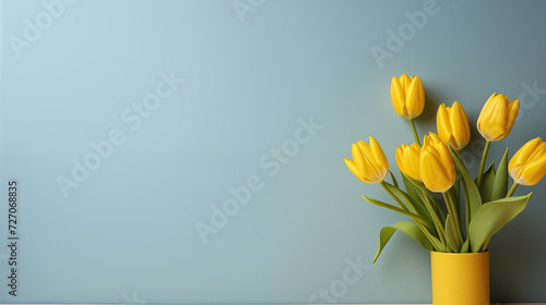 yellow tulips in vase on table, minimalism, yellow tulips wallpaper, bouquet of tulips, yellow and blue wallpaper, spring flowers