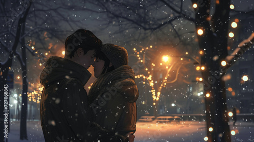 A captivating moment captured in the snowy evening, where two loving souls find solace in each other's arms, creating a beautiful contrast between warmth and cold.