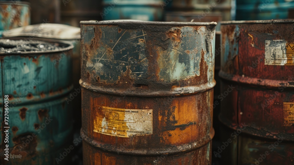 Polluting barrels containing petroleum products and toxic chemicals, posing environmental hazards. Polluting barrels containing petroleum products and toxic chemicals, posing environmental hazards.