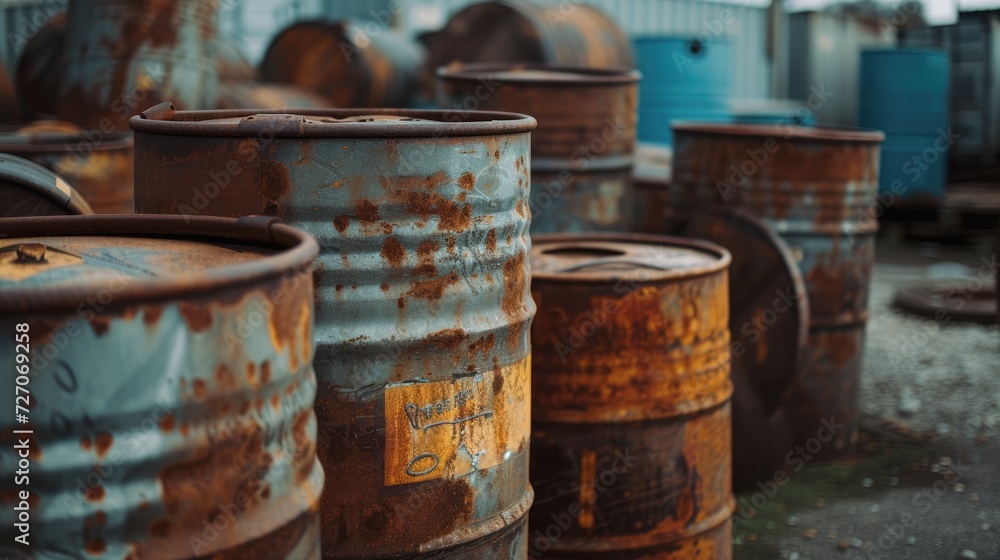 Polluting barrels containing petroleum products and toxic chemicals, posing environmental hazards.