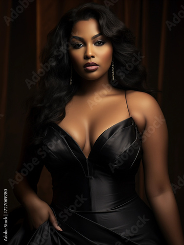 Elegant beautiful curvy black plus size woman model in a dress, luxury background, body positivity and diversity concept, portrait hd 