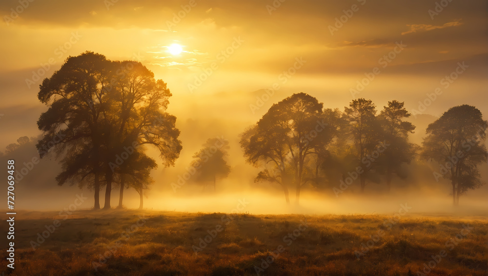 Radiant golden mist rising, casting a dreamlike quality and infusing the scene with a sense of ethereal beauty.