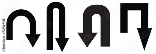 U Turn Go Back Thin and Thick Black Arrow Sign Icon Set. Vector Image.