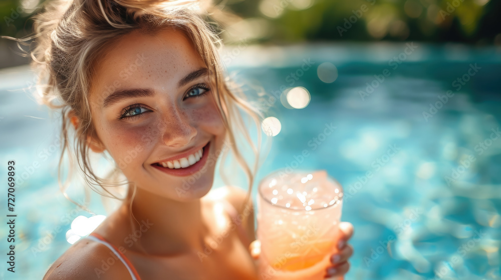 beautiful young smiling tanned woman holding a glass of lemonade against the background of a blue outdoor pool, summer, vacation, relax, girl, portrait, face, blue eyes, hotel, country club, spa beautiful young smiling tanned woman holding a glass of lemonade against the background of a blue outdoor pool, summer, vacation, relax, girl, portrait, face, blue eyes, hotel, country club, spa