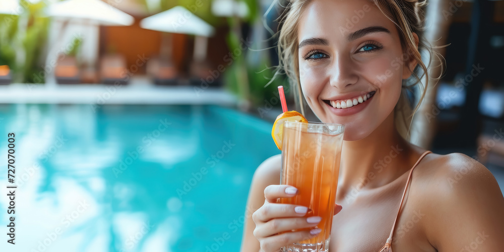 beautiful young smiling tanned woman holding a glass of lemonade against the background of a blue outdoor pool, summer, vacation, relax, girl, portrait, face, blue eyes, hotel, country club, spa beautiful young smiling tanned woman holding a glass of lemonade against the background of a blue outdoor pool, summer, vacation, relax, girl, portrait, face, blue eyes, hotel, country club, spa