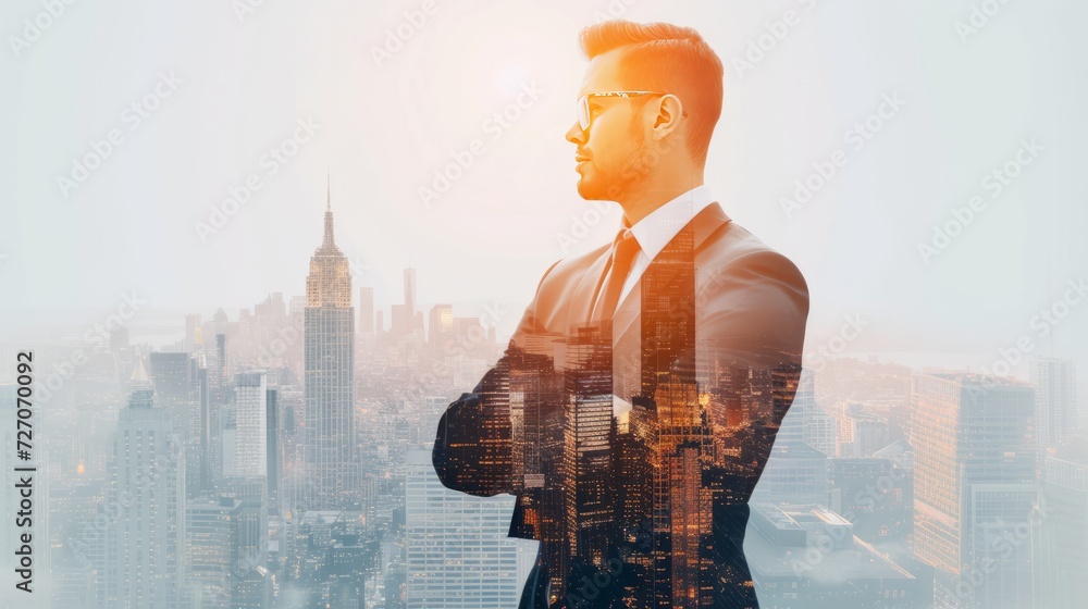 Double exposure of success business man with arms crossed and city in background.