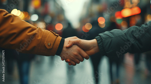 A captivating and intimate moment unfolds amidst a bustling city as two hands intertwine on a crowded street, creating a beautiful island of connection.