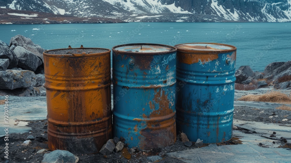 Naklejka premium Toxic waste stored in barrels, representing a threat to the environment and public health.
