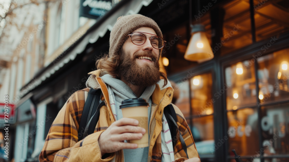 Cheerful young man with a glass of coffee on the morning city street.