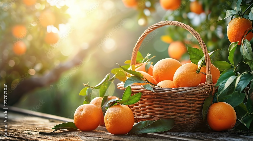 Organic ripe orange tangerine crop or citrus harvest in basket on wood against garden background. Image of orange juice. copy space for text. Organic ripe orange tangerine crop or citrus harvest in basket on wood against garden background. Image of orange juice. copy space for text.