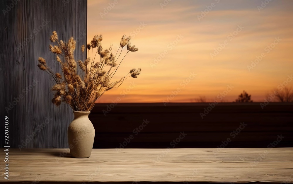 realistic photo Empty wooden table and vase with dry flowers on the window and dusk background. generative ai
