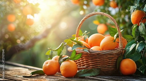 Organic ripe orange tangerine crop or citrus harvest in basket on wood against garden background. Image of orange juice. copy space for text. photo