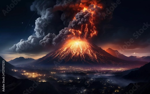 realistic photo The volcano erupts at night, with high explosive power. generative ai © KBL Sungkid