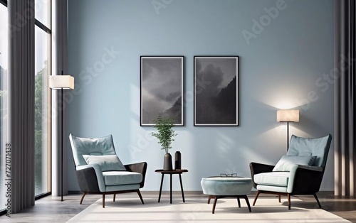 realistic photo of modern living room interior design  black sofa and armchairs light blue wall with poster. generative ai