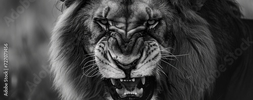 Close-up of an angry lion's head. lion in monochrome style photo