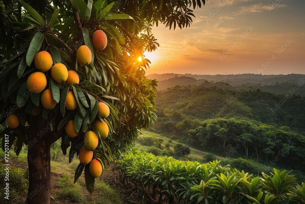 Bunch of fresh ripe mangoes hanging on a tree in mongo garden with sunset.  - obrazy, fototapety, plakaty 