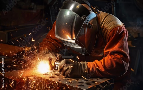 realistic photo Welder welding metal, lots of sparks and wearing protective equipment. generative ai © KBL Sungkid