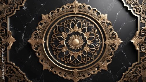 background, model of ceiling decoration with 3d wallpaper. decorative frame on black marble luxurious background and mandala