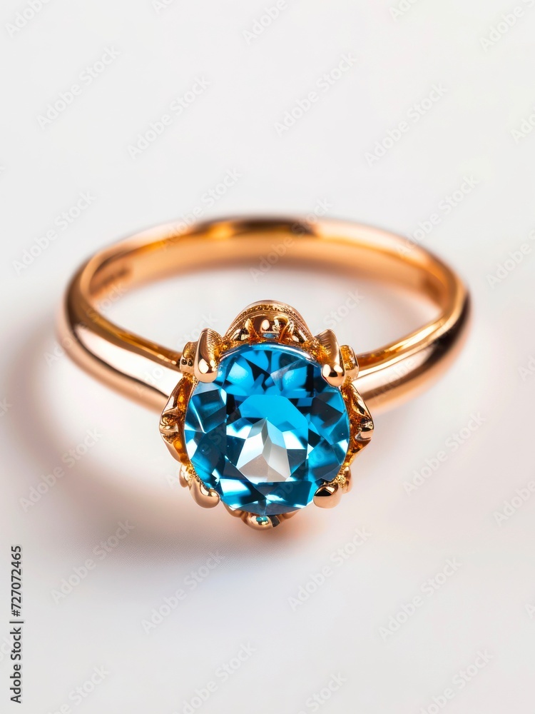 Golden ring with blue topaz gemstone on white background. Golden ring with blue topaz gemstone on white background.