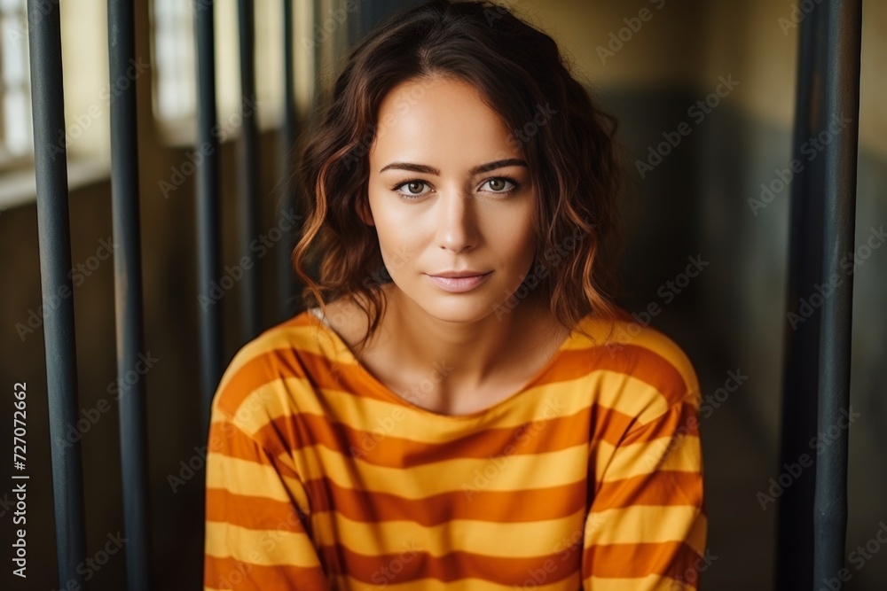 A woman behind bars in prison. The prisoner looks into the camera A woman behind bars in prison. The prisoner looks into the camera