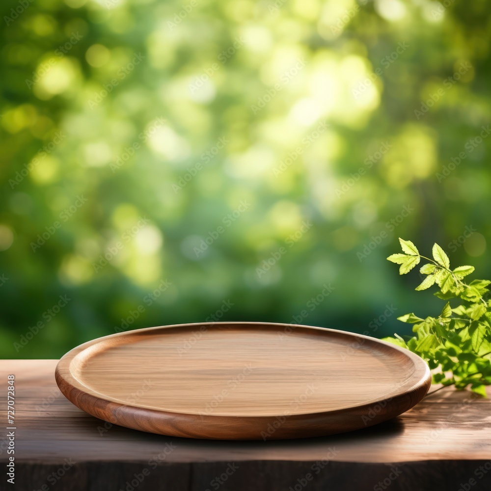 Empty tray for kitchen product display on a table over blurred green tree nature with bokeh light. Empty tray for kitchen product display on a table over blurred green tree nature with bokeh light.