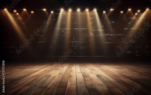 realistic photo Empty wooden floor with lights on stage with theater background. generative ai